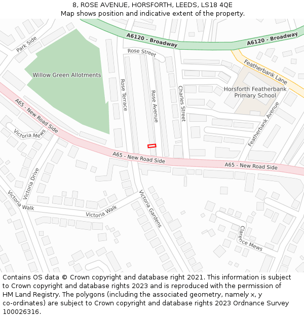 8, ROSE AVENUE, HORSFORTH, LEEDS, LS18 4QE: Location map and indicative extent of plot