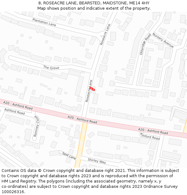 8, ROSEACRE LANE, BEARSTED, MAIDSTONE, ME14 4HY: Location map and indicative extent of plot