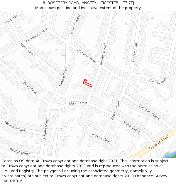 8, ROSEBERY ROAD, ANSTEY, LEICESTER, LE7 7EJ: Location map and indicative extent of plot