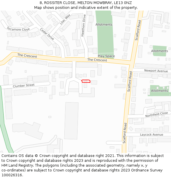 8, ROSSITER CLOSE, MELTON MOWBRAY, LE13 0NZ: Location map and indicative extent of plot