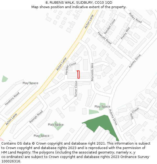 8, RUBENS WALK, SUDBURY, CO10 1QD: Location map and indicative extent of plot