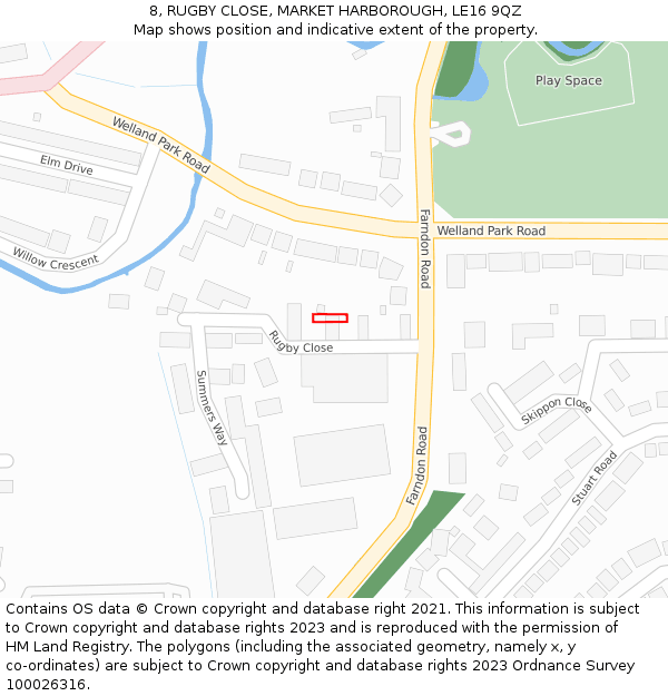8, RUGBY CLOSE, MARKET HARBOROUGH, LE16 9QZ: Location map and indicative extent of plot