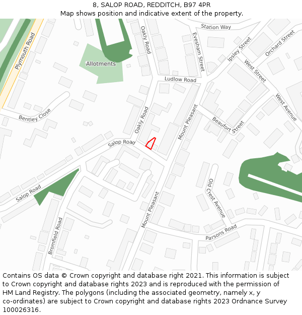 8, SALOP ROAD, REDDITCH, B97 4PR: Location map and indicative extent of plot