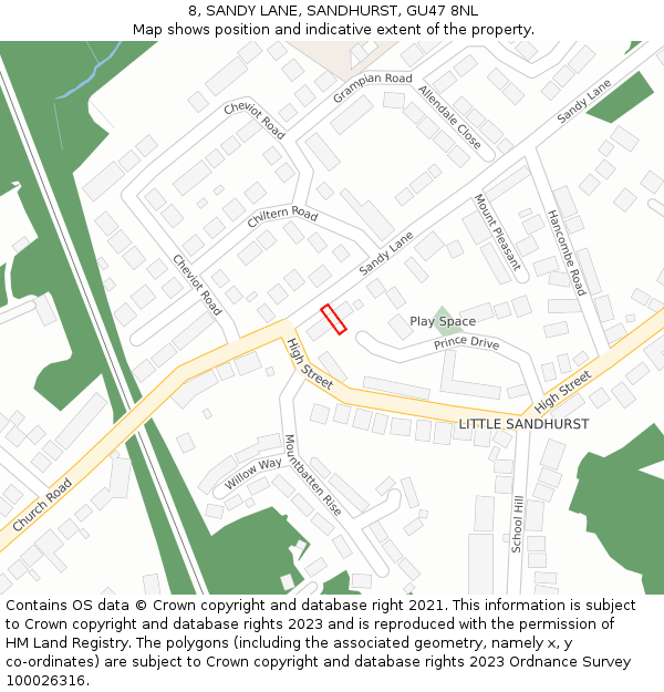 8, SANDY LANE, SANDHURST, GU47 8NL: Location map and indicative extent of plot