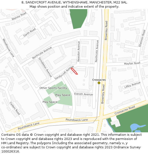8, SANDYCROFT AVENUE, WYTHENSHAWE, MANCHESTER, M22 9AL: Location map and indicative extent of plot