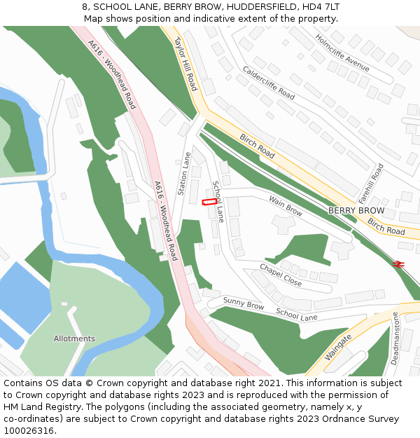 8, SCHOOL LANE, BERRY BROW, HUDDERSFIELD, HD4 7LT: Location map and indicative extent of plot
