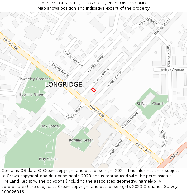 8, SEVERN STREET, LONGRIDGE, PRESTON, PR3 3ND: Location map and indicative extent of plot