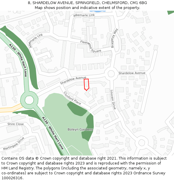 8, SHARDELOW AVENUE, SPRINGFIELD, CHELMSFORD, CM1 6BG: Location map and indicative extent of plot