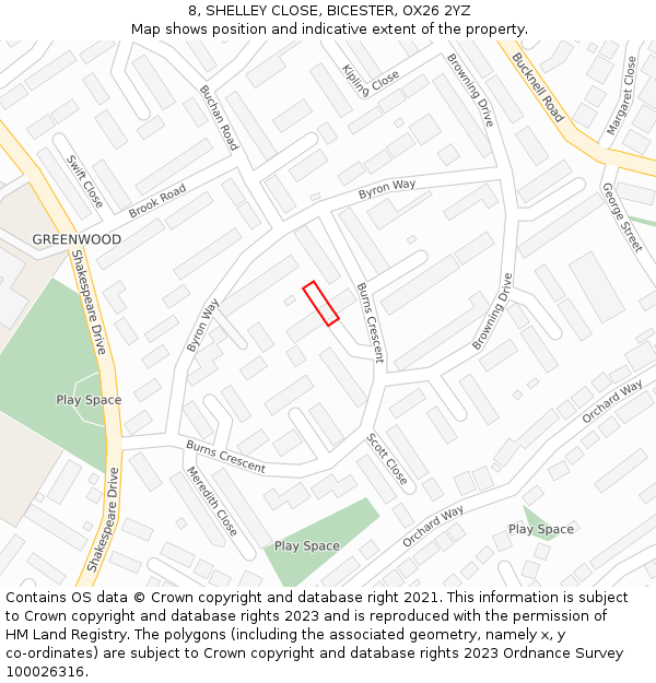 8, SHELLEY CLOSE, BICESTER, OX26 2YZ: Location map and indicative extent of plot