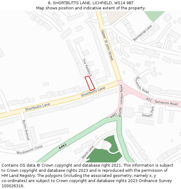 8, SHORTBUTTS LANE, LICHFIELD, WS14 9BT: Location map and indicative extent of plot
