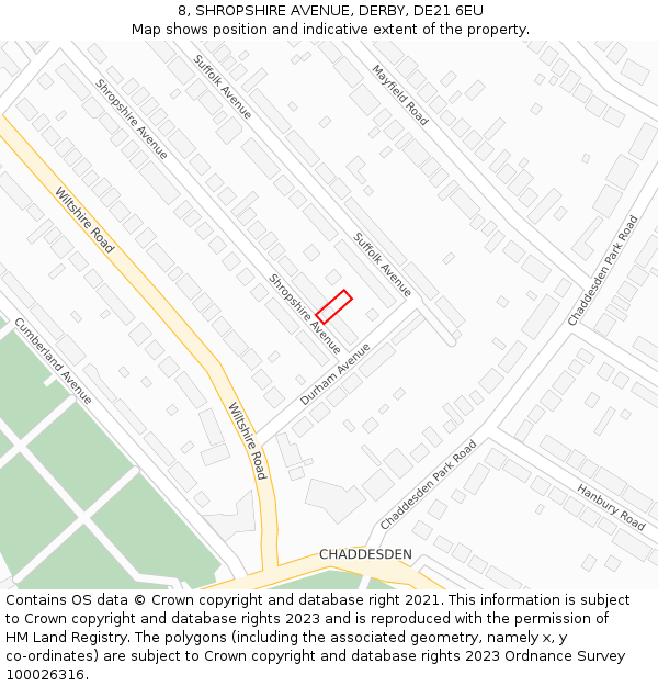 8, SHROPSHIRE AVENUE, DERBY, DE21 6EU: Location map and indicative extent of plot