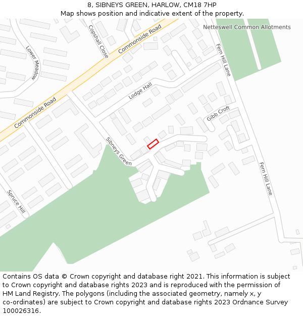 8, SIBNEYS GREEN, HARLOW, CM18 7HP: Location map and indicative extent of plot