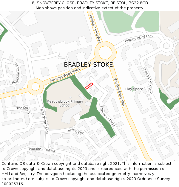 8, SNOWBERRY CLOSE, BRADLEY STOKE, BRISTOL, BS32 8GB: Location map and indicative extent of plot