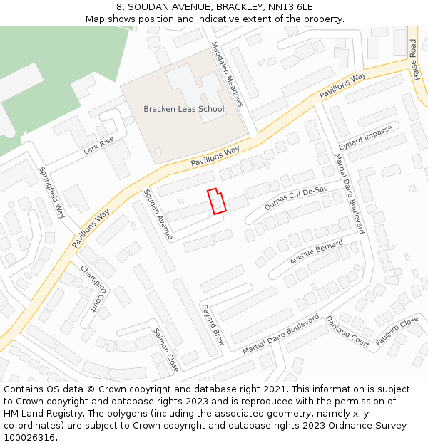 8, SOUDAN AVENUE, BRACKLEY, NN13 6LE: Location map and indicative extent of plot