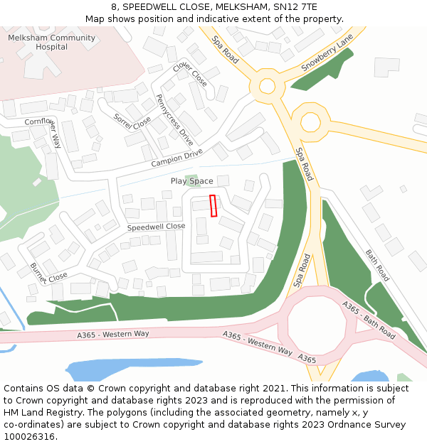 8, SPEEDWELL CLOSE, MELKSHAM, SN12 7TE: Location map and indicative extent of plot