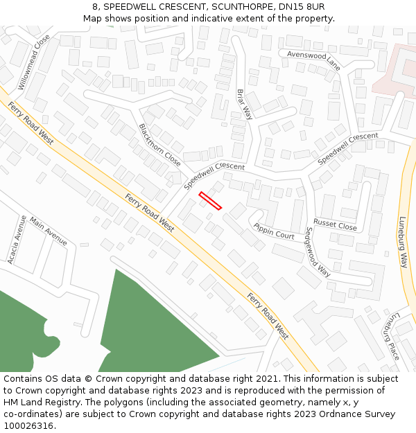 8, SPEEDWELL CRESCENT, SCUNTHORPE, DN15 8UR: Location map and indicative extent of plot