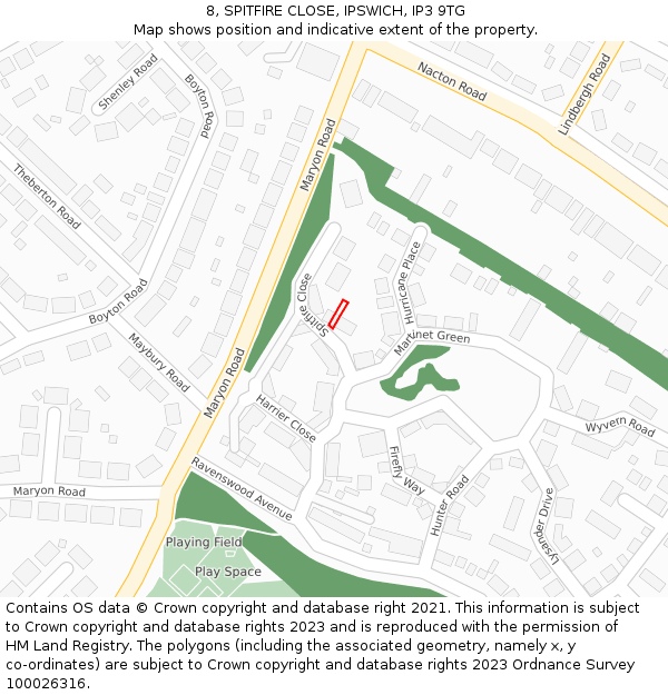 8, SPITFIRE CLOSE, IPSWICH, IP3 9TG: Location map and indicative extent of plot