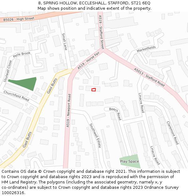 8, SPRING HOLLOW, ECCLESHALL, STAFFORD, ST21 6EQ: Location map and indicative extent of plot