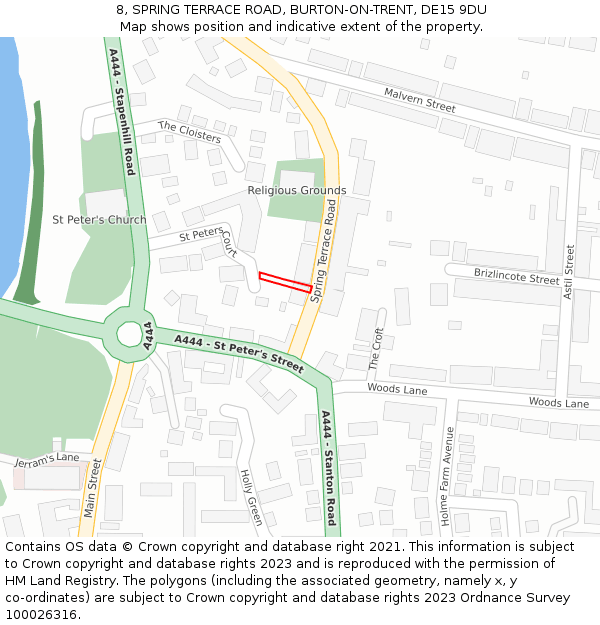 8, SPRING TERRACE ROAD, BURTON-ON-TRENT, DE15 9DU: Location map and indicative extent of plot