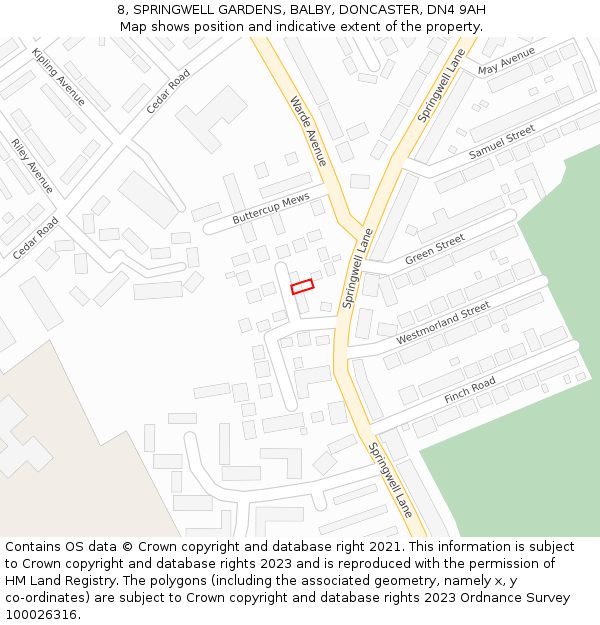 8, SPRINGWELL GARDENS, BALBY, DONCASTER, DN4 9AH: Location map and indicative extent of plot