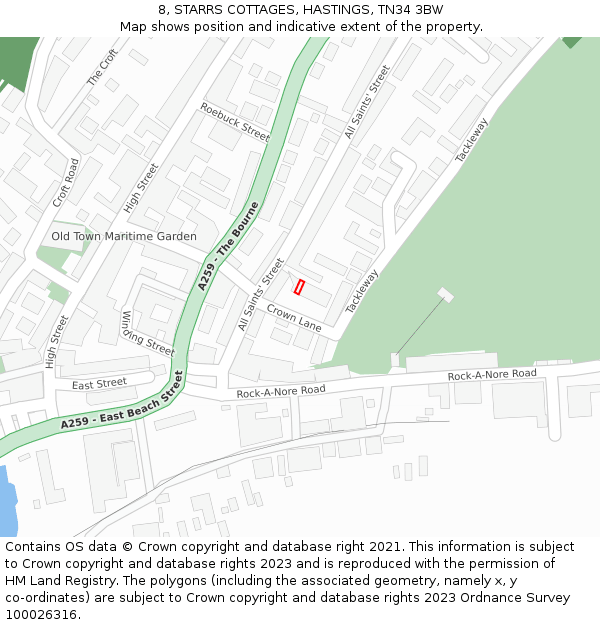 8, STARRS COTTAGES, HASTINGS, TN34 3BW: Location map and indicative extent of plot
