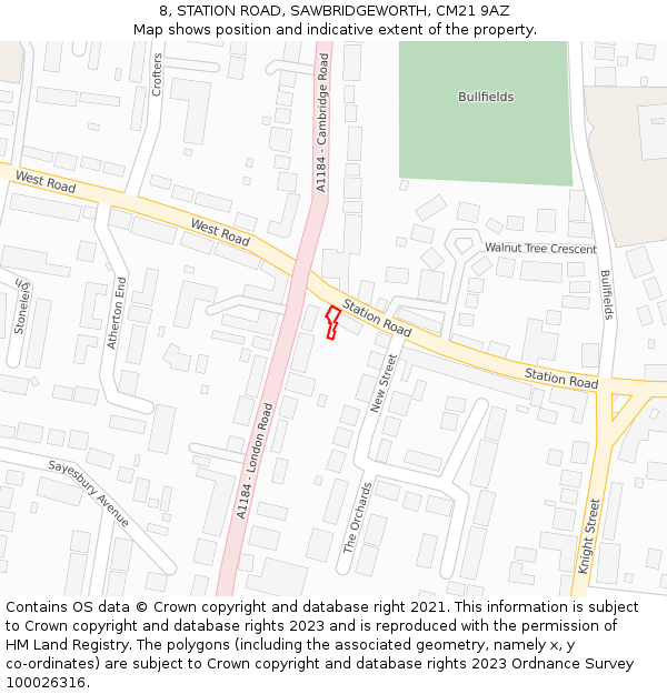 8, STATION ROAD, SAWBRIDGEWORTH, CM21 9AZ: Location map and indicative extent of plot