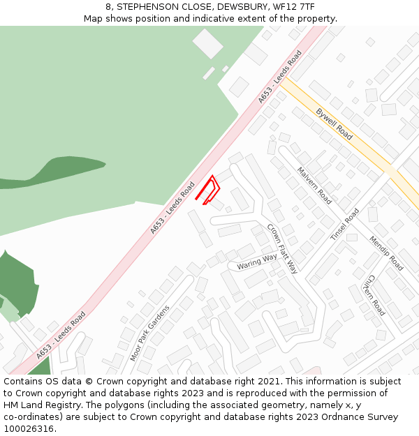 8, STEPHENSON CLOSE, DEWSBURY, WF12 7TF: Location map and indicative extent of plot
