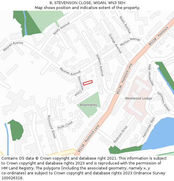8, STEVENSON CLOSE, WIGAN, WN3 5EH: Location map and indicative extent of plot