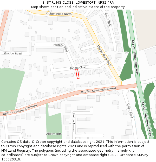 8, STIRLING CLOSE, LOWESTOFT, NR32 4RA: Location map and indicative extent of plot