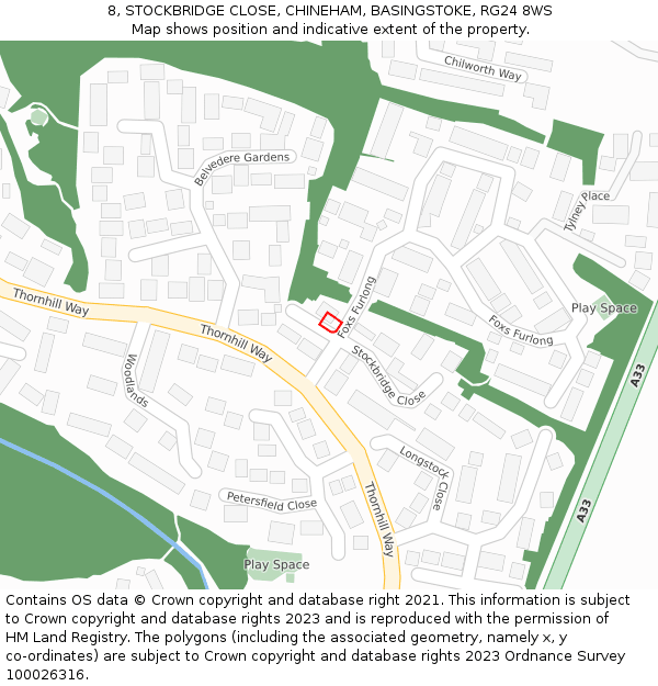 8, STOCKBRIDGE CLOSE, CHINEHAM, BASINGSTOKE, RG24 8WS: Location map and indicative extent of plot