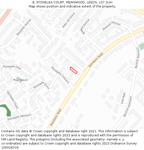8, STONELEA COURT, MEANWOOD, LEEDS, LS7 2UH: Location map and indicative extent of plot