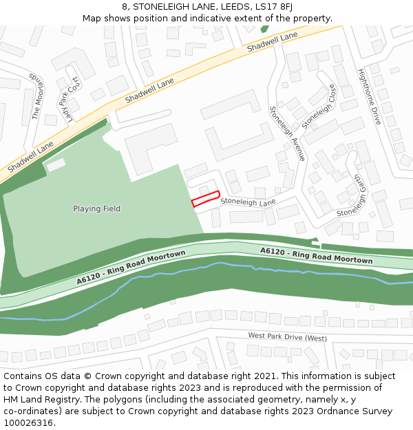 8, STONELEIGH LANE, LEEDS, LS17 8FJ: Location map and indicative extent of plot