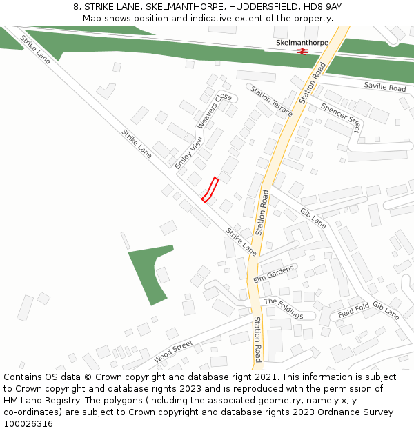 8, STRIKE LANE, SKELMANTHORPE, HUDDERSFIELD, HD8 9AY: Location map and indicative extent of plot