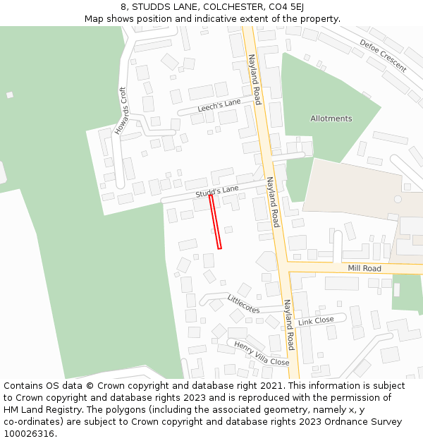8, STUDDS LANE, COLCHESTER, CO4 5EJ: Location map and indicative extent of plot