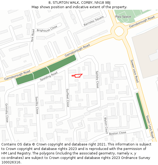 8, STURTON WALK, CORBY, NN18 9BJ: Location map and indicative extent of plot