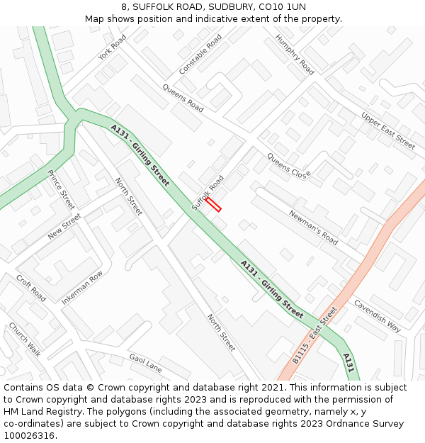 8, SUFFOLK ROAD, SUDBURY, CO10 1UN: Location map and indicative extent of plot