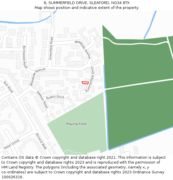 8, SUMMERFIELD DRIVE, SLEAFORD, NG34 8TX: Location map and indicative extent of plot