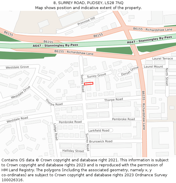 8, SURREY ROAD, PUDSEY, LS28 7NQ: Location map and indicative extent of plot