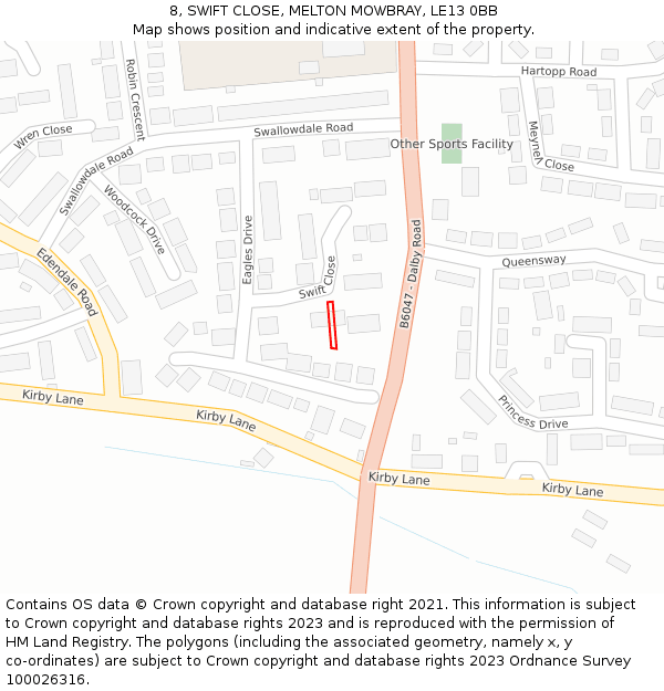 8, SWIFT CLOSE, MELTON MOWBRAY, LE13 0BB: Location map and indicative extent of plot