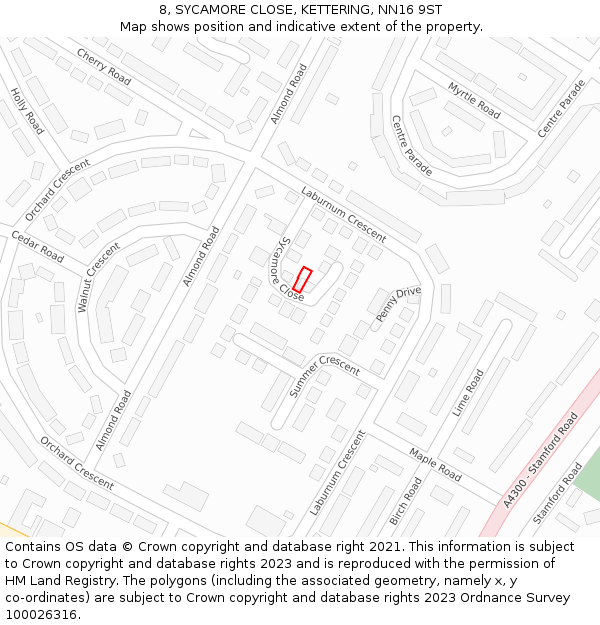 8, SYCAMORE CLOSE, KETTERING, NN16 9ST: Location map and indicative extent of plot