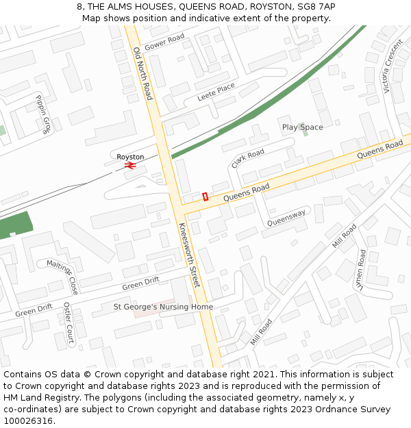 8, THE ALMS HOUSES, QUEENS ROAD, ROYSTON, SG8 7AP: Location map and indicative extent of plot