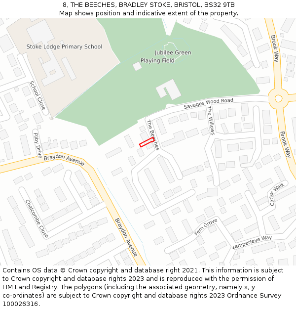 8, THE BEECHES, BRADLEY STOKE, BRISTOL, BS32 9TB: Location map and indicative extent of plot