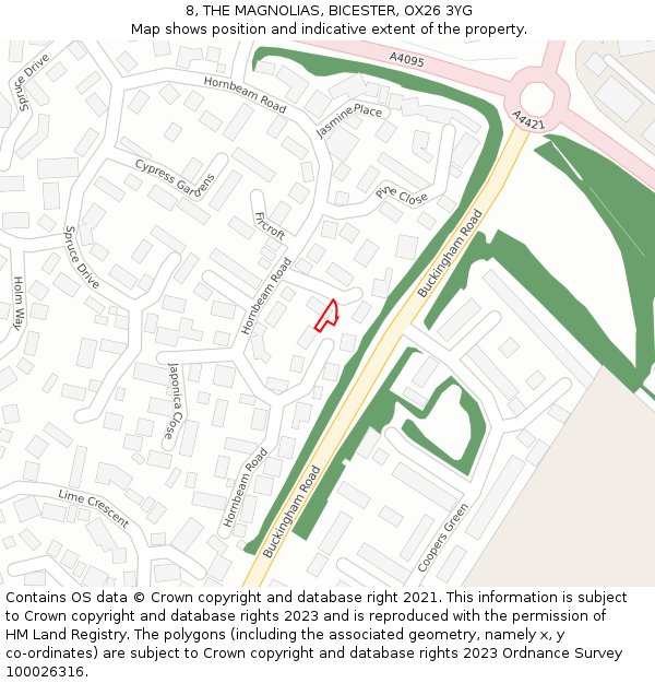 8, THE MAGNOLIAS, BICESTER, OX26 3YG: Location map and indicative extent of plot