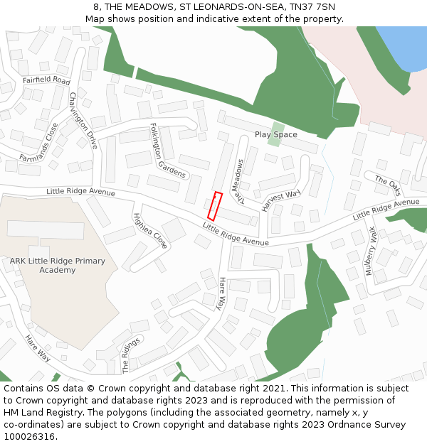 8, THE MEADOWS, ST LEONARDS-ON-SEA, TN37 7SN: Location map and indicative extent of plot
