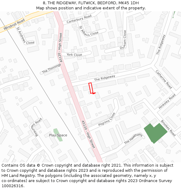 8, THE RIDGEWAY, FLITWICK, BEDFORD, MK45 1DH: Location map and indicative extent of plot