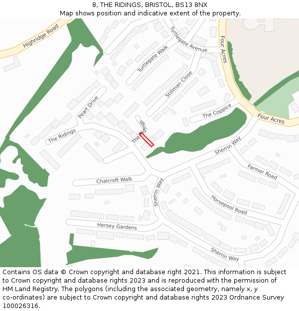 8, THE RIDINGS, BRISTOL, BS13 8NX: Location map and indicative extent of plot