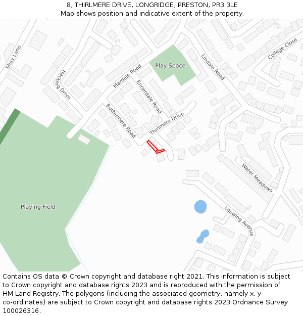 8, THIRLMERE DRIVE, LONGRIDGE, PRESTON, PR3 3LE: Location map and indicative extent of plot