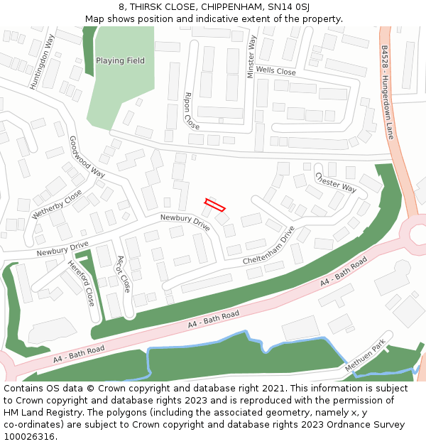8, THIRSK CLOSE, CHIPPENHAM, SN14 0SJ: Location map and indicative extent of plot