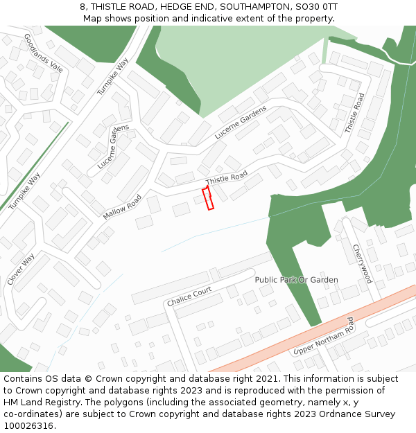 8, THISTLE ROAD, HEDGE END, SOUTHAMPTON, SO30 0TT: Location map and indicative extent of plot