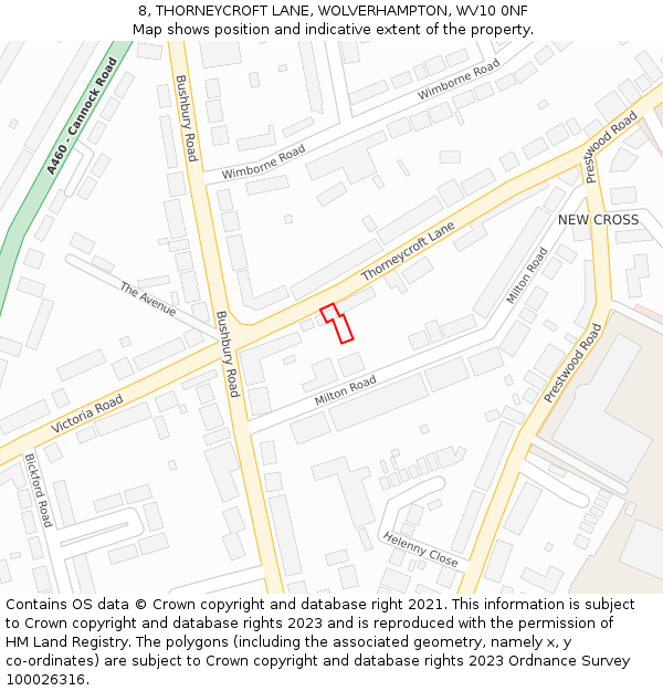 8, THORNEYCROFT LANE, WOLVERHAMPTON, WV10 0NF: Location map and indicative extent of plot